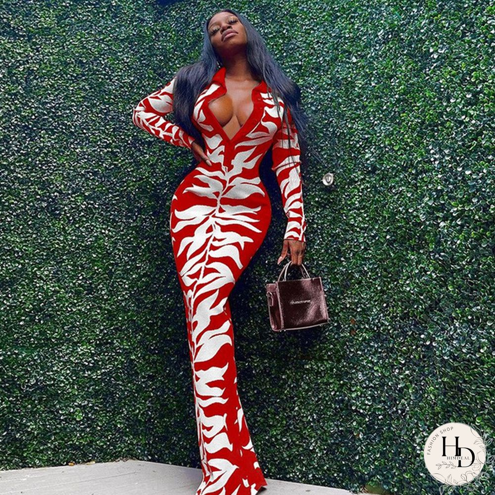 Dresses for Women Autumn Women Long Sleeve V-neck Printing Polyester Long Dress