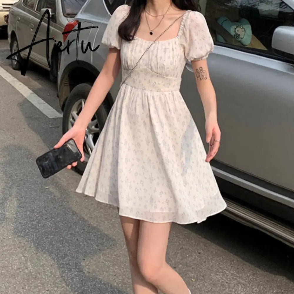 Dresses Women Puff Sleeve Holiday Sundress Hollow Out Floral Design Korean Style College Lovely Simple Trendy Summer Aiertu
