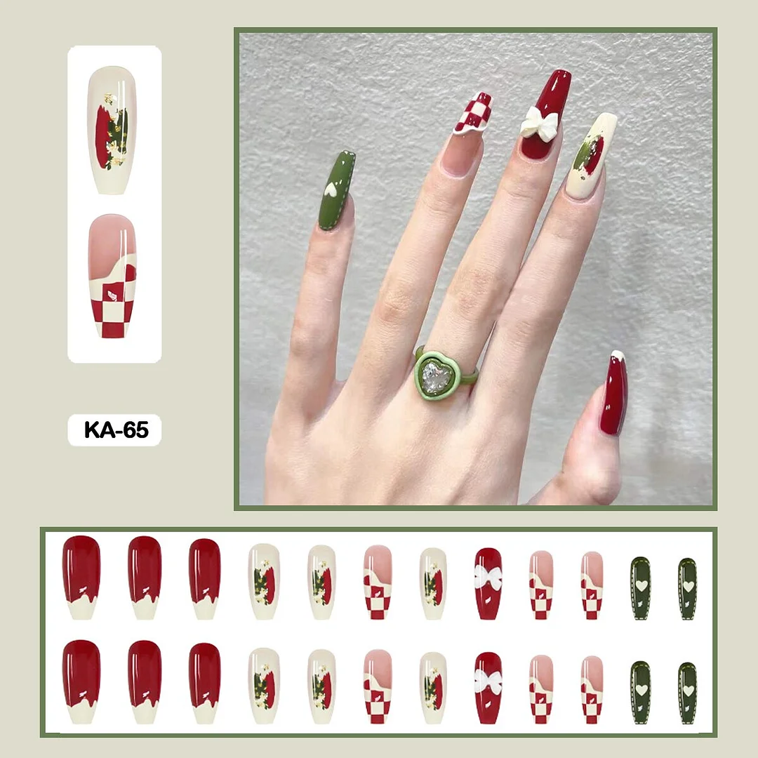 24pcs/box  Lovely Checked-pattern Press On Nails Full Cover Fake Nails With Glue Long Wearable False Nails WIth Wearing Tools-Nail Inspo
