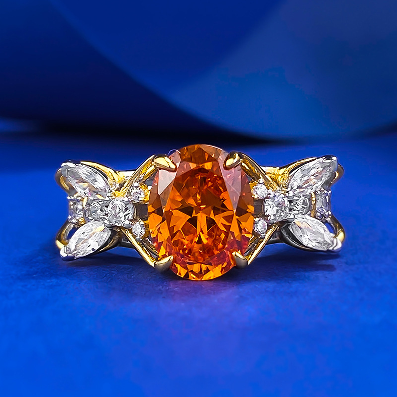 MIKAMU Jewelry S925 Silver Gold-Plated 7x9mm Oval Sunset Orange Ring - Stylish Candy Design, Creative Fashion Ring