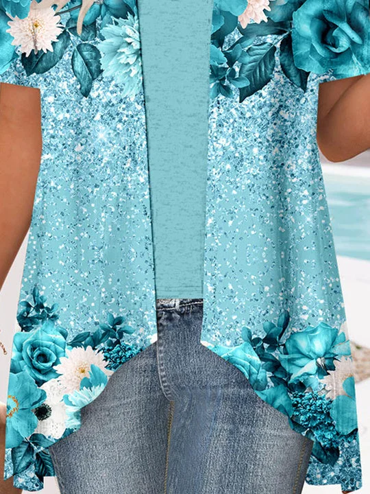 Women Short Sleeve V-neck Floral Printed Graphic Two-Pieced Cardigan Tops