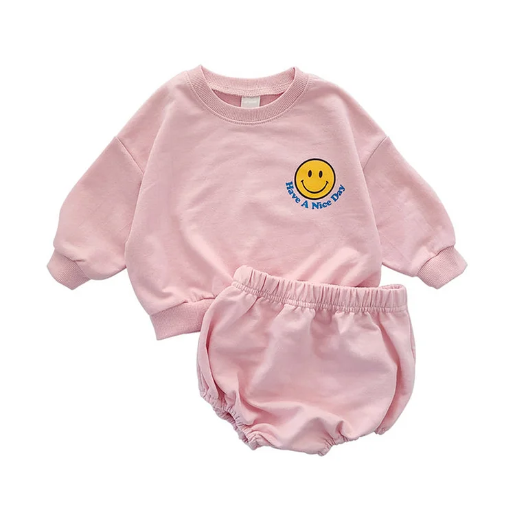 Toddler Boy/Girl Solid Yellow Smiling Face Print Long Sleeve Simple T-shirt and Pants Set