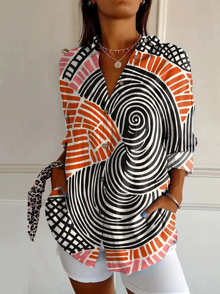 Vintage Ring Geometry Abstract Art Print Casual Long-sleeved Shirt
