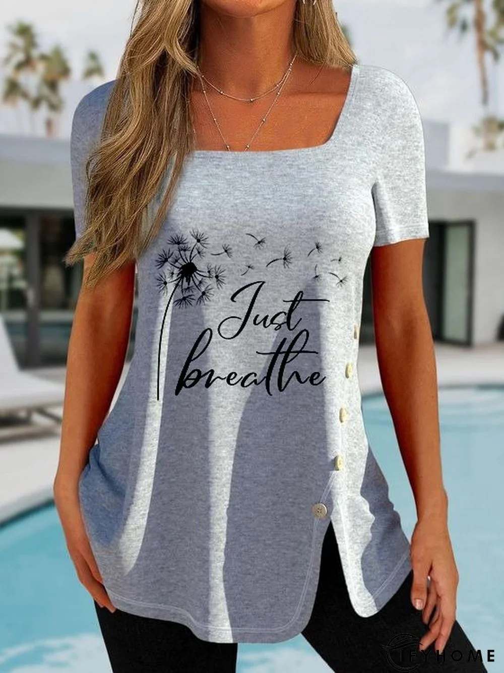 Dandelion Just Breathe Short Sleeve Square Neck Casual Tunic T-Shirt | IFYHOME