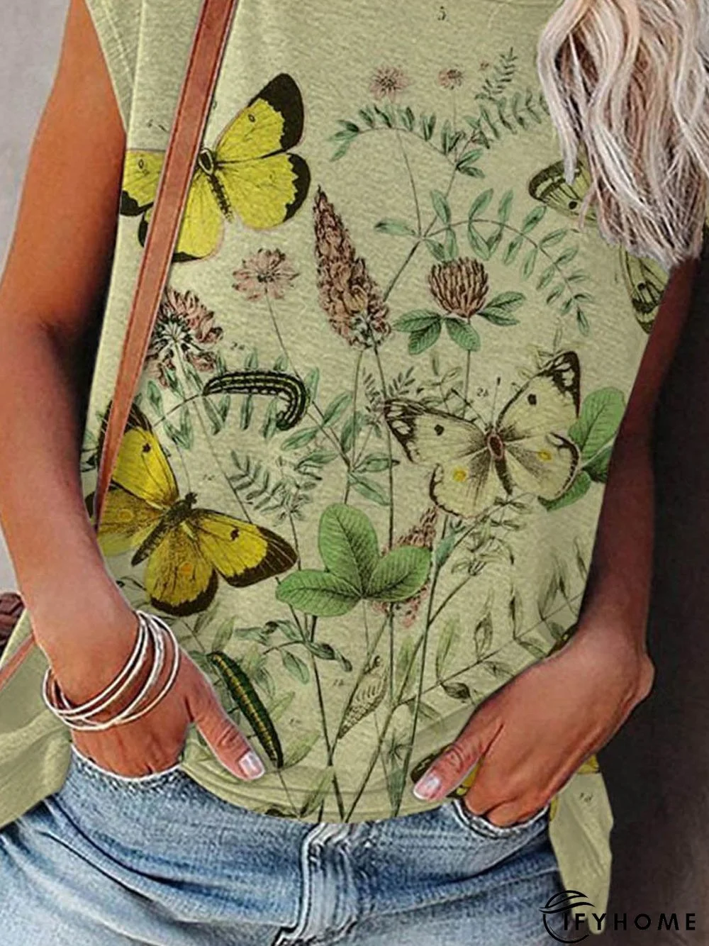 Butterfly Short Sleeve Printed Cotton-blend Crew Neck Holiday Summer Yellow Top | IFYHOME