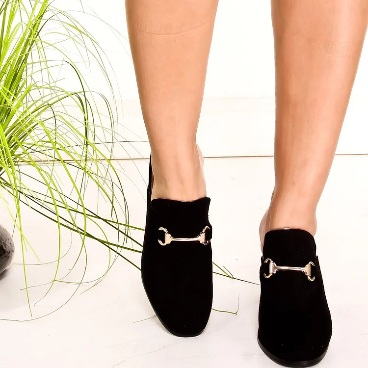 Round Toe Chunky Heel Loafers in Black Suede Loafer Mules Vdcoo