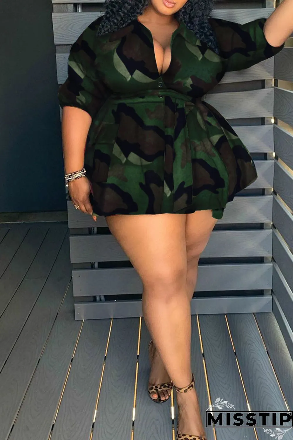 Camouflage Casual Camouflage Print Bandage Patchwork Buckle Turndown Collar Plus Size Overcoat