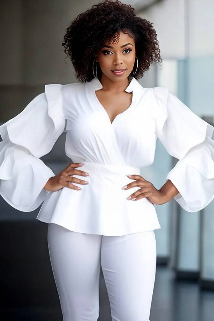 Xpluswear Design Plus Size Business Casual White Wrap Neck Long Sleeve Ruffle Elegant Blouses [Pre-Order] 2024 - Xpluswear