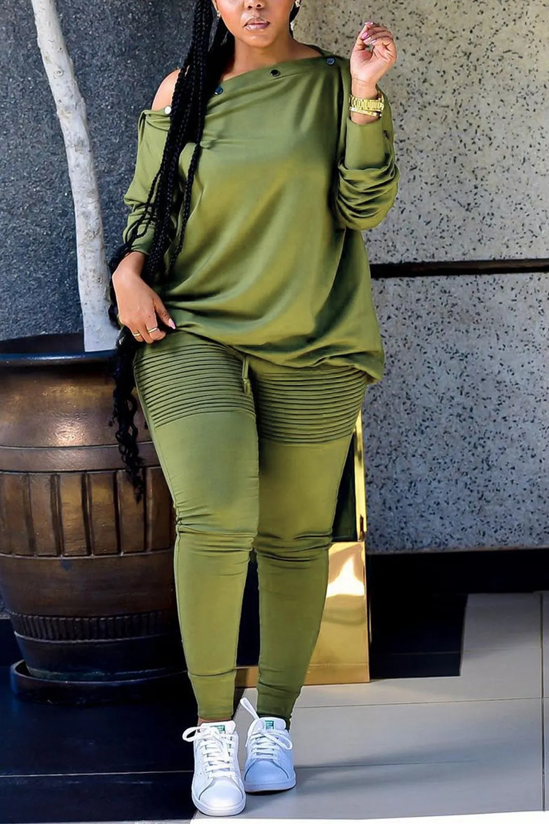 Button Drop Shoulder Sweatshirt Pants Set