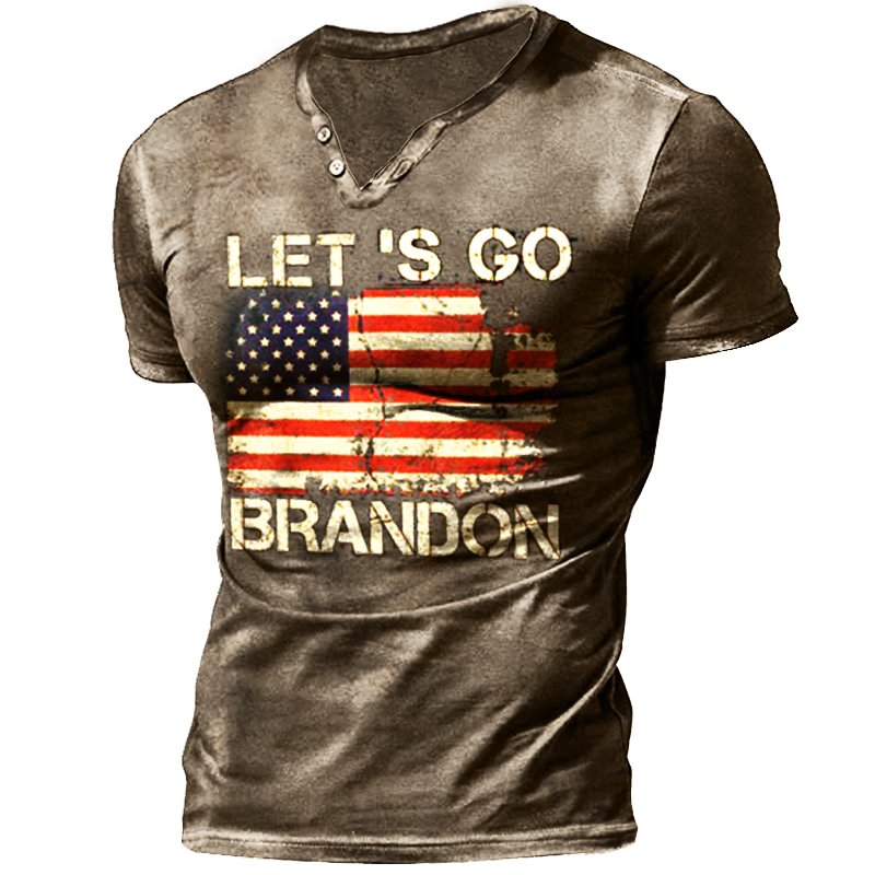 Let's Go Brandon Travel Men's Vintage Henley Button Short Sleeve Shirt-Compassnice®