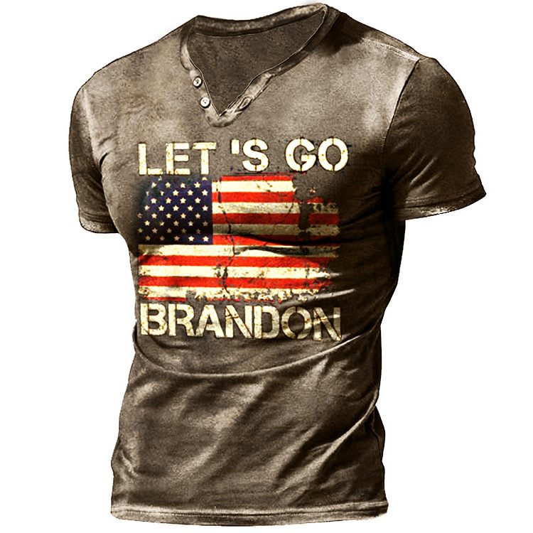 Let's Go Brandon Travel Men's Vintage Henley Button Short Sleeve Shirt