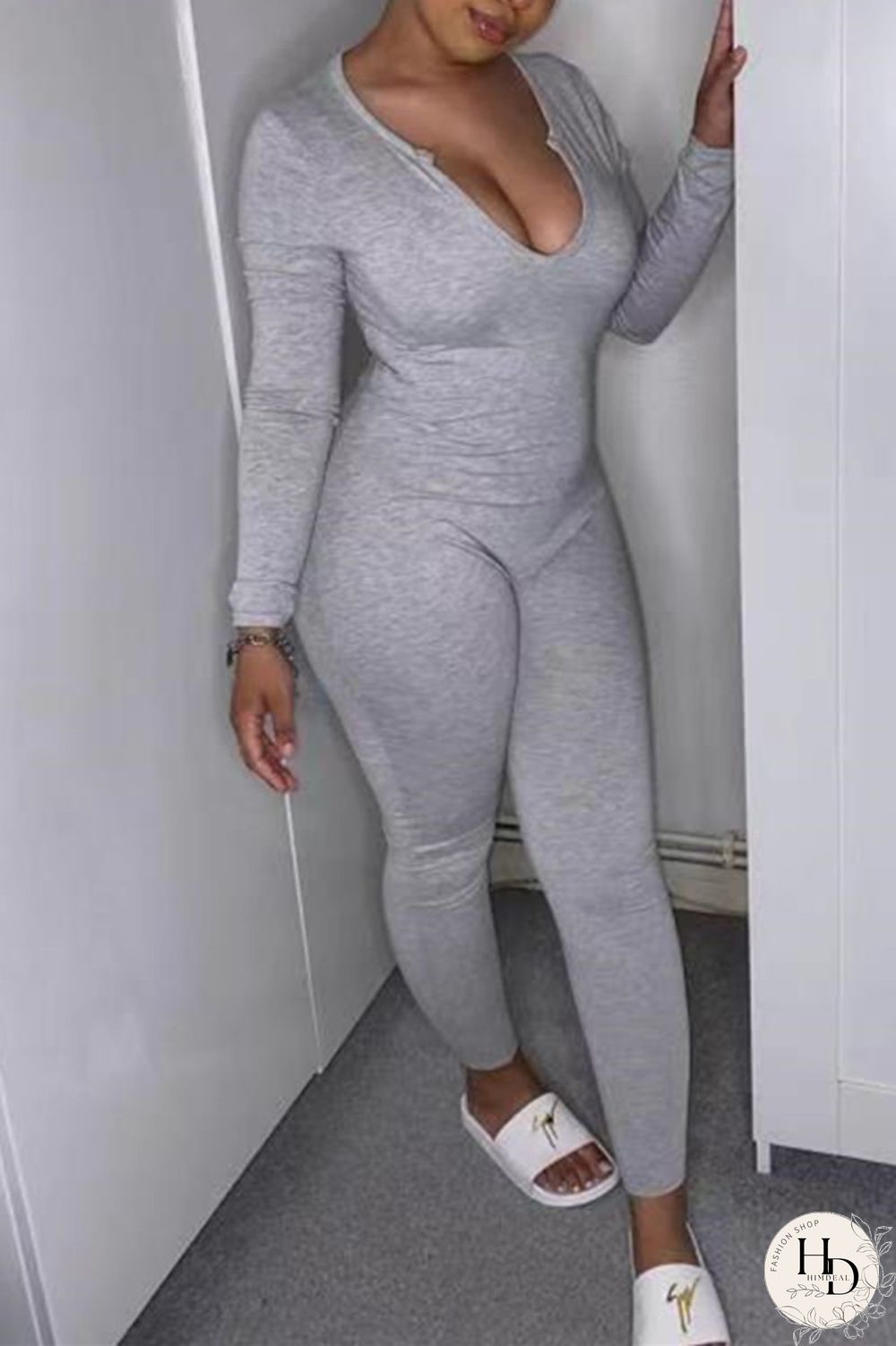 Grey Fashion Casual Solid Basic U Neck Regular Jumpsuits