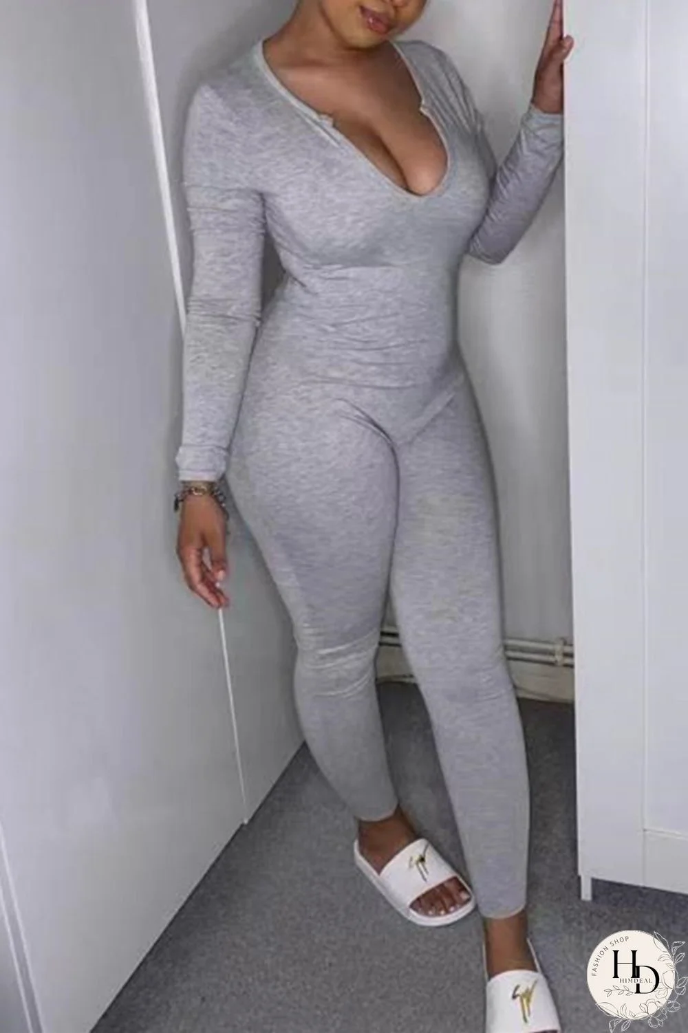 Grey Fashion Casual Solid Basic U Neck Regular Jumpsuits