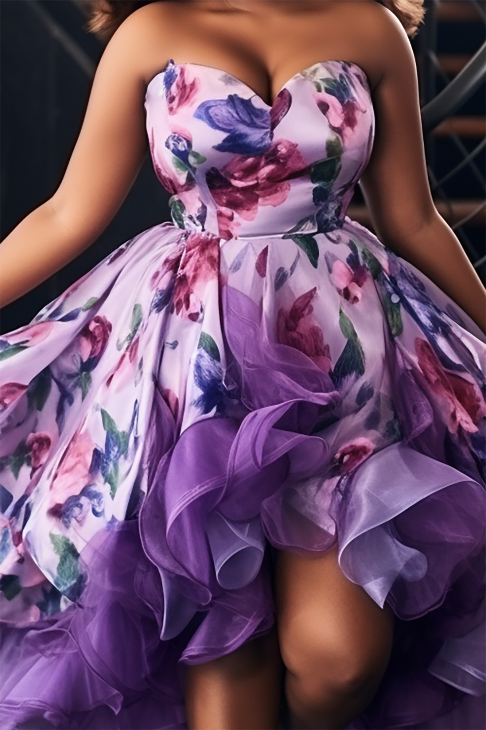 Design Plus Size Party Elegant Lavender Floral Strapless Flounce Tulle Midi Dresses [Pre-Order]