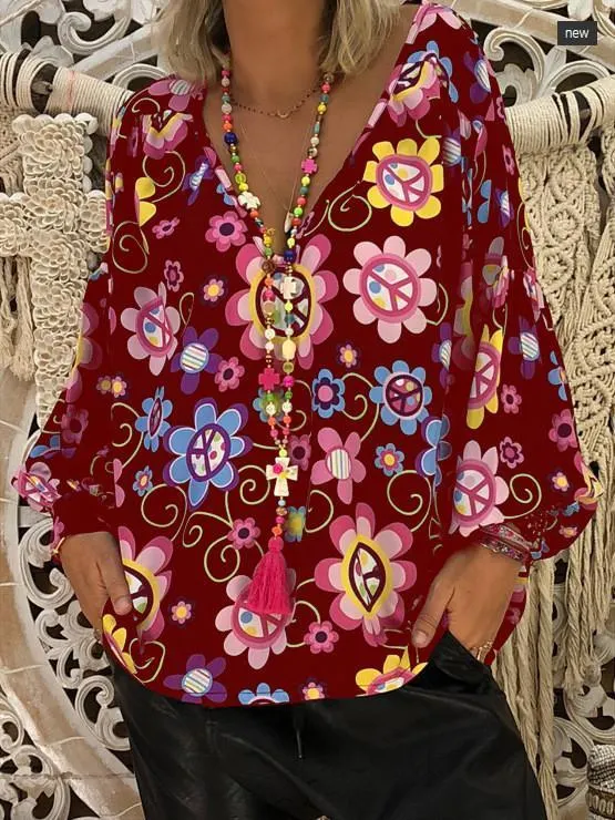 Women Loose Slim V-neck Print Puff Sleeve Long Sleeve T-shirt Tops