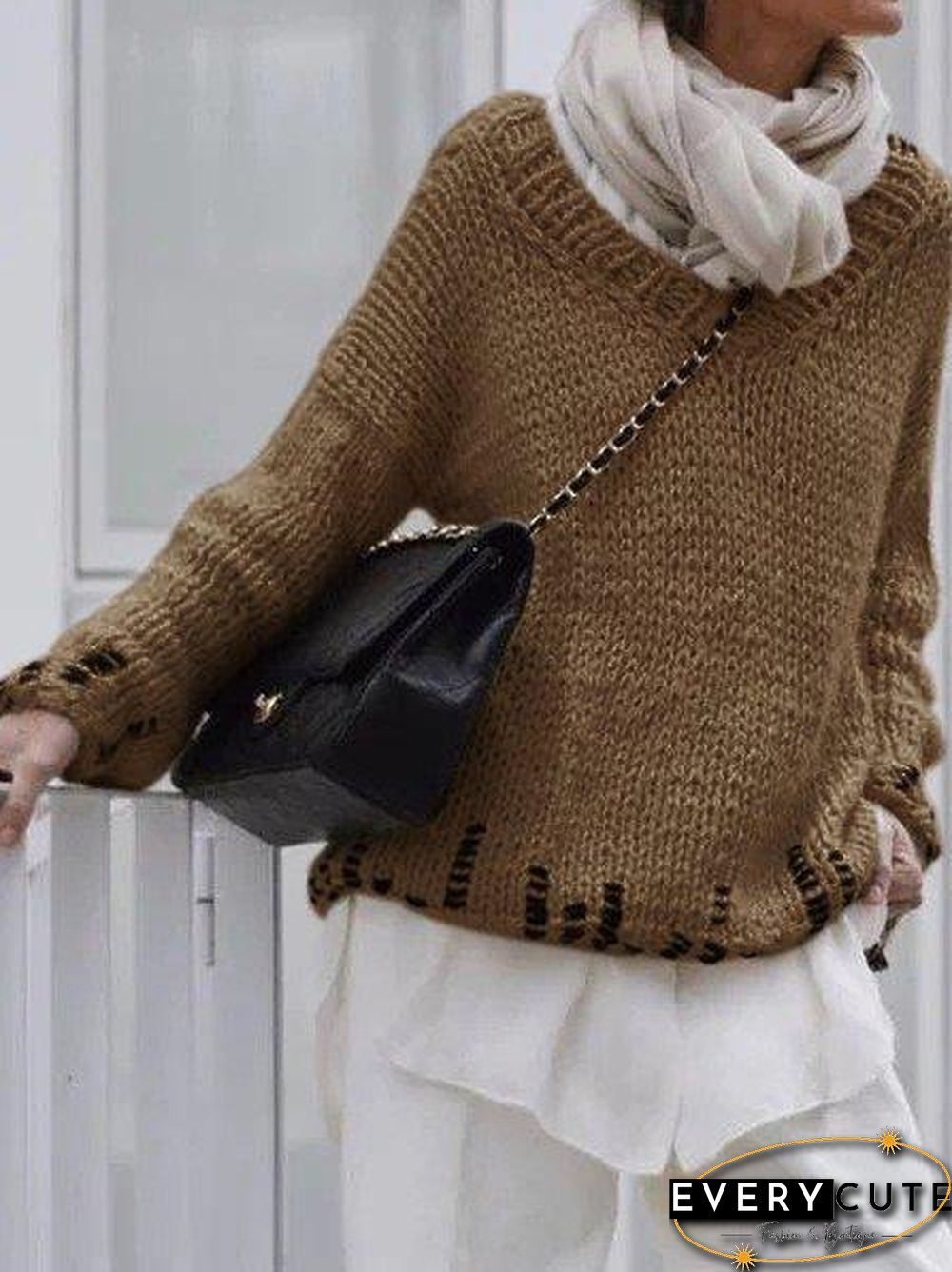 Casual V Neck Long Sleeve Sweater