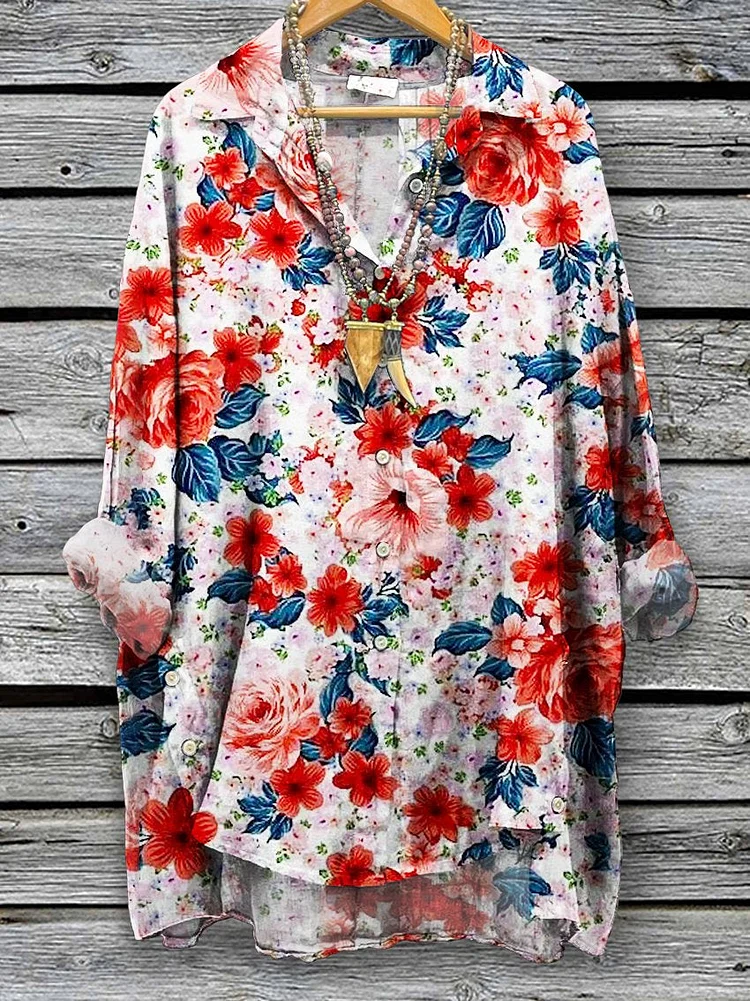 Women's  Floral  Print Casual Cotton And Linen Shirt