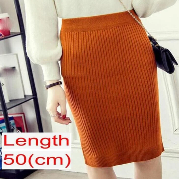 Women Knitted Pencil Skirts Slim Solid Basic Ladies Office High Waist Elegant Midi Skirt 2020 Autumn Winter Warm Womens Skirts