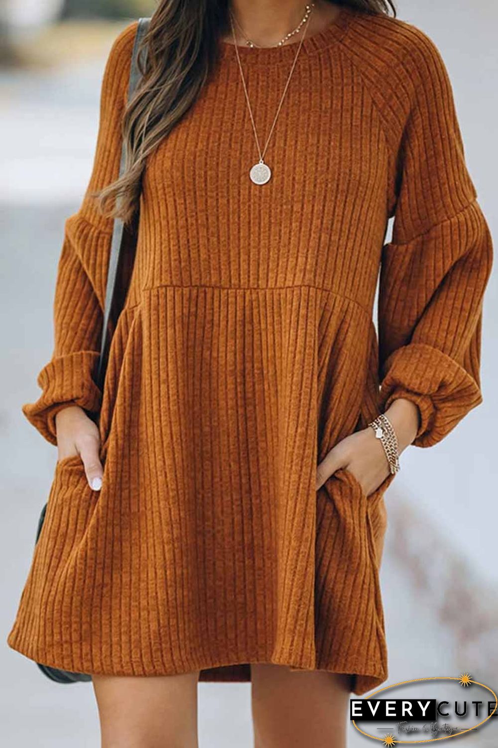 Round Neck Knitted Solid Color Mini Dress