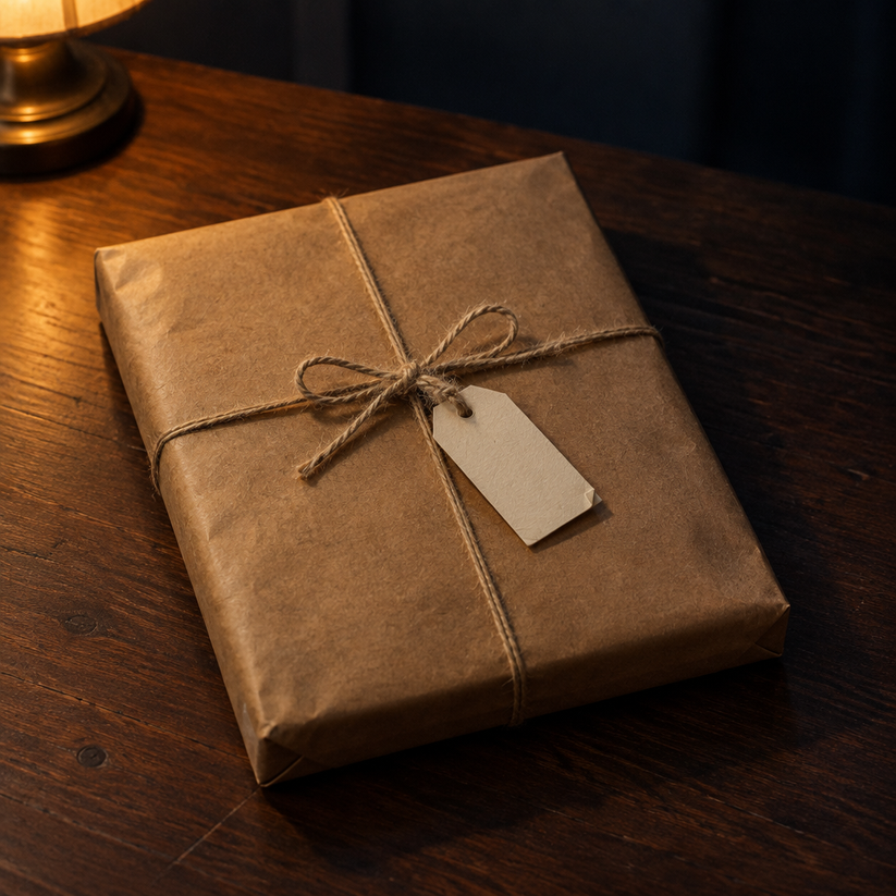 A wrapped gift with twine and a blank gift tag on a wooden table