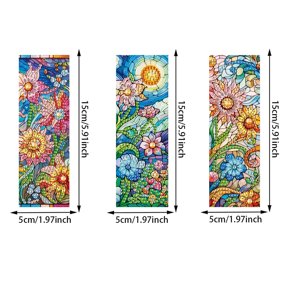 3Pcs Special Shape Flowers 5D DIY Diamond Painting Bookmark with Pendants
