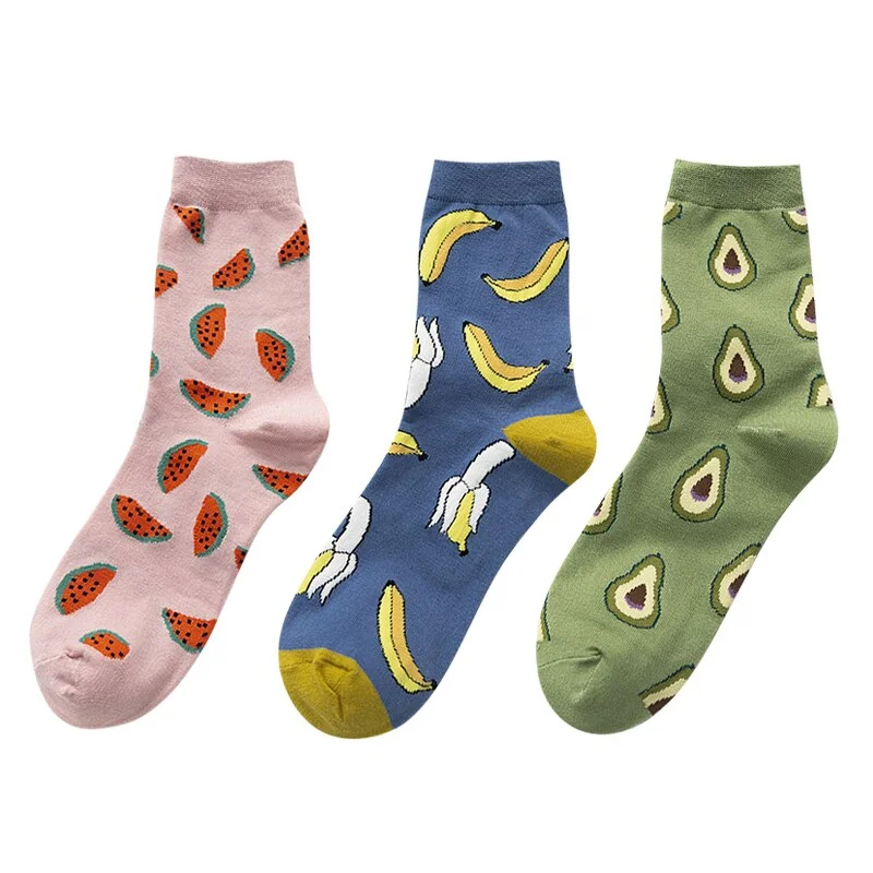 3 Pairs New Cartoon Fruit Cotton Socks Women Strawberry Avocado Lemon Korean Color Harajuku Warm Long Crew Socks Novelty 2020