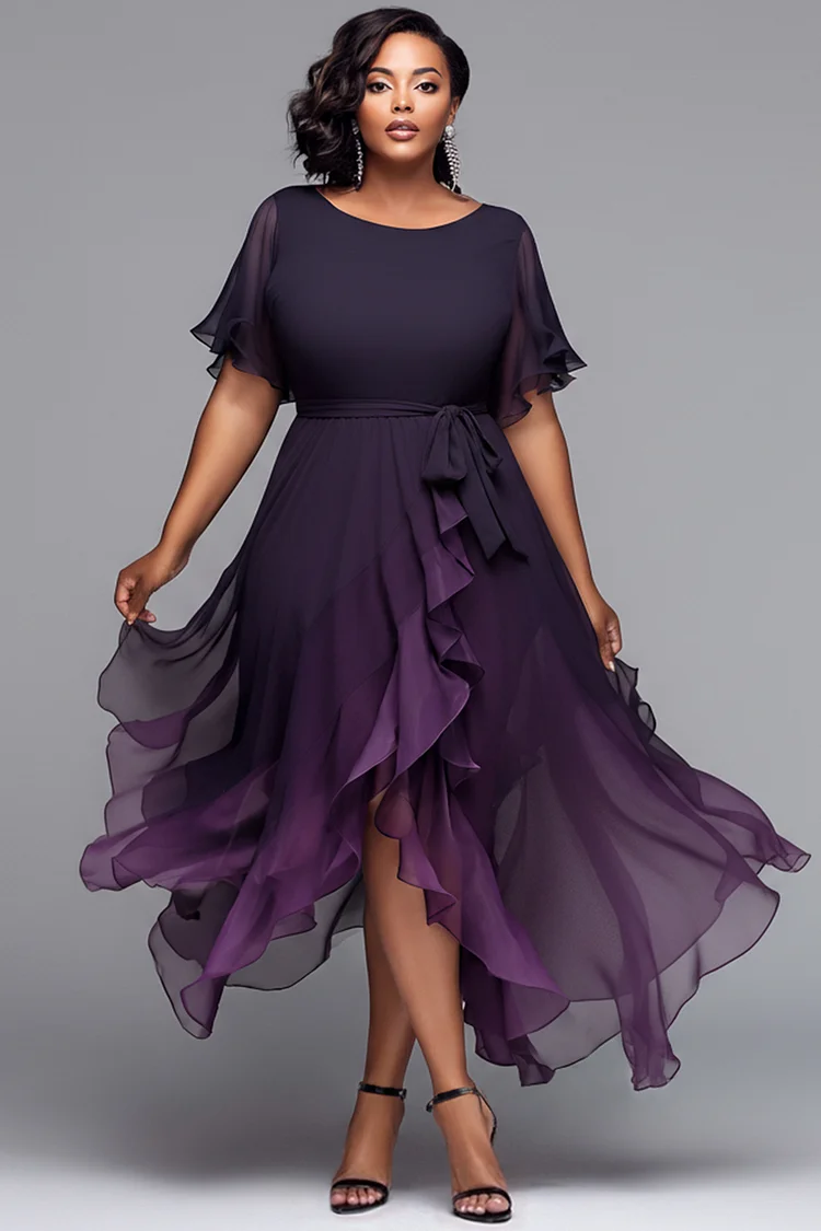 Xpluswear Design Plus Size Cocktail Party Black Gradient Round Neck Short Sleeve Asymmetric Hem Irregular Hem Chiffon Midi Dresses 2024 - Xpluswear