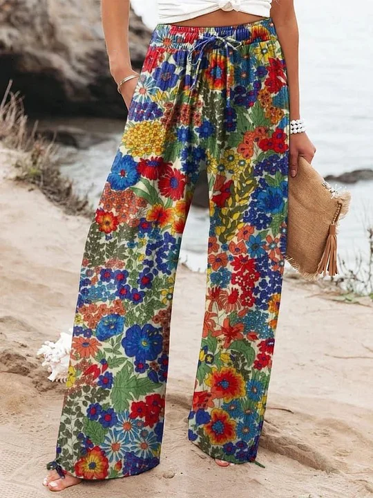 Women's  Floral  Art Printed Cotton And Linen Casual Pants
