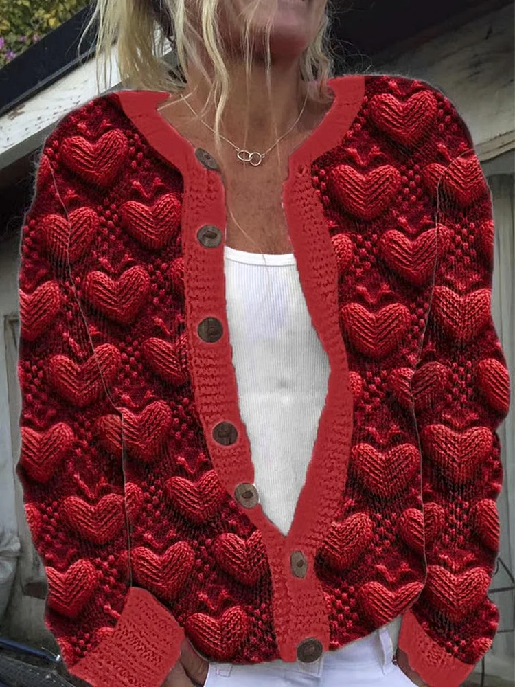 Women's Lovely Hearts Valentine's Day Art Print Buttoned Cardigan Sweater