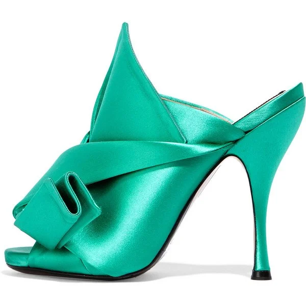 Turquoise Knot Satin Mule Sandals Vdcoo
