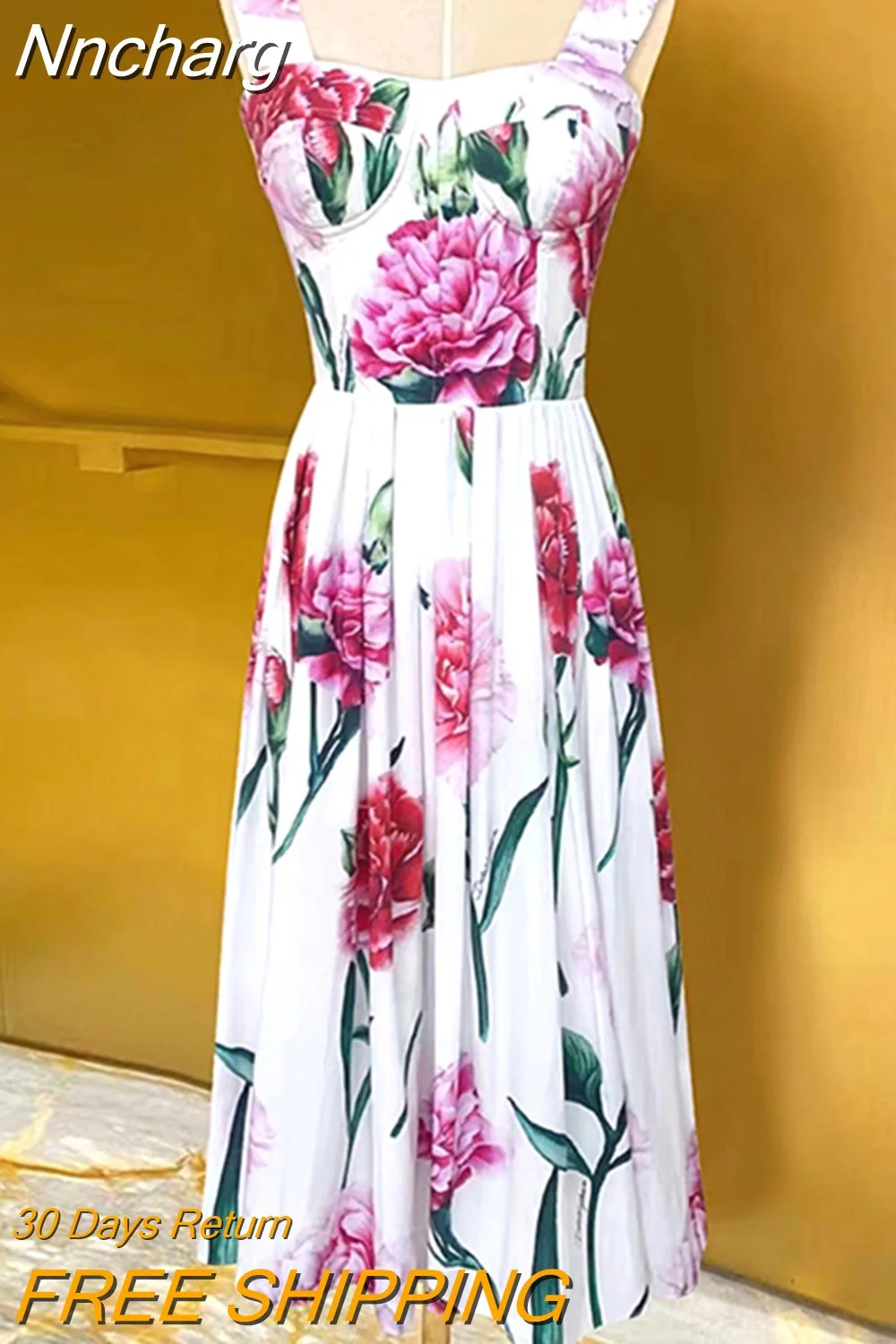 Nncharge Slim Hit Color Dresses For Women Square Collar Sleeveless High Waist Folds Print Elegant Dress Female Summer 2023