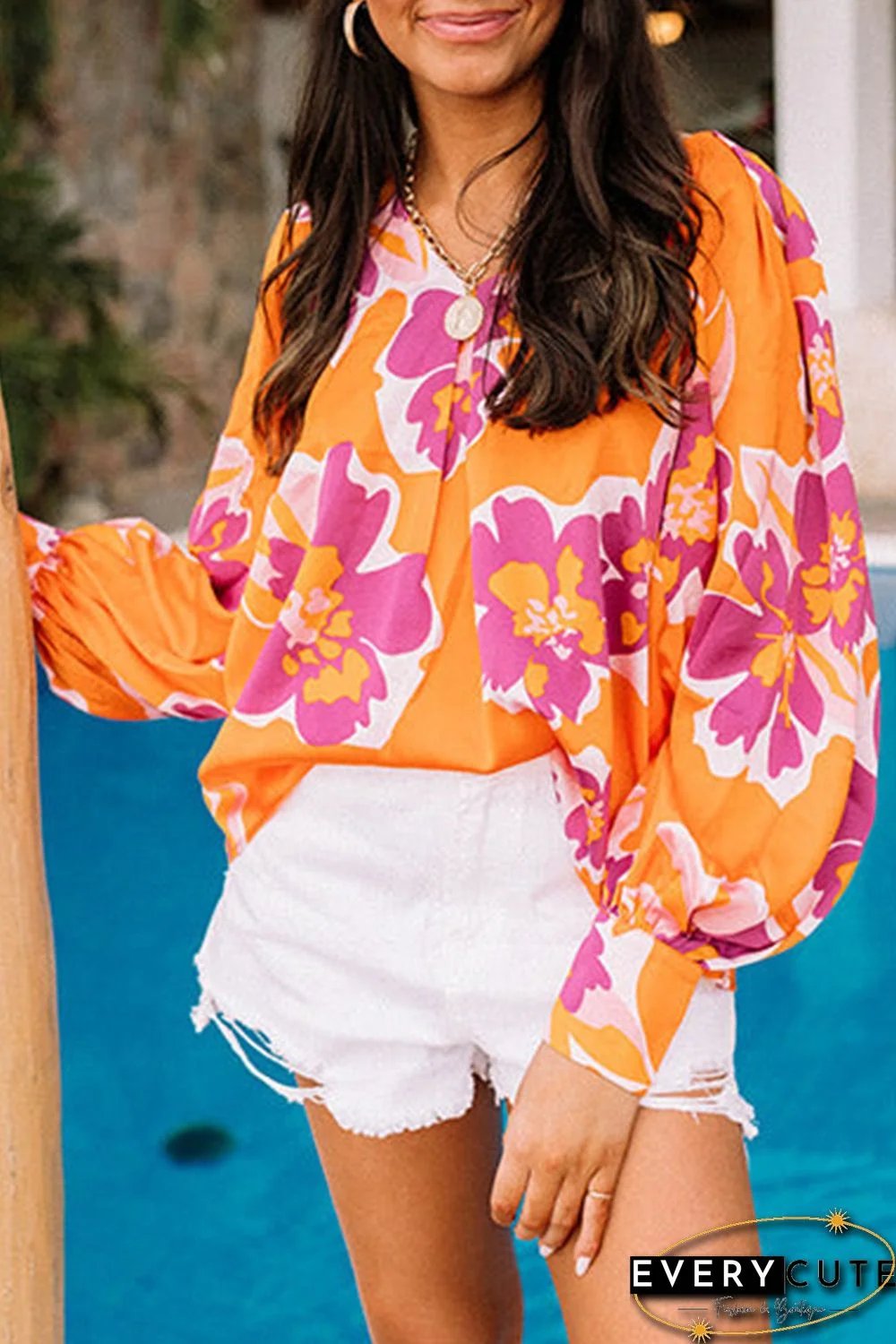 Orange Rose Flower Print Puff Sleeve Blouse