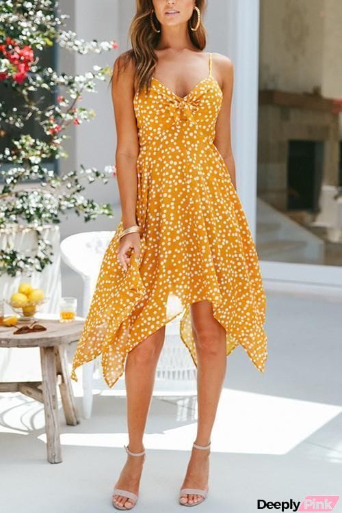 Dot Print Knot Spaghetti Strap Dress