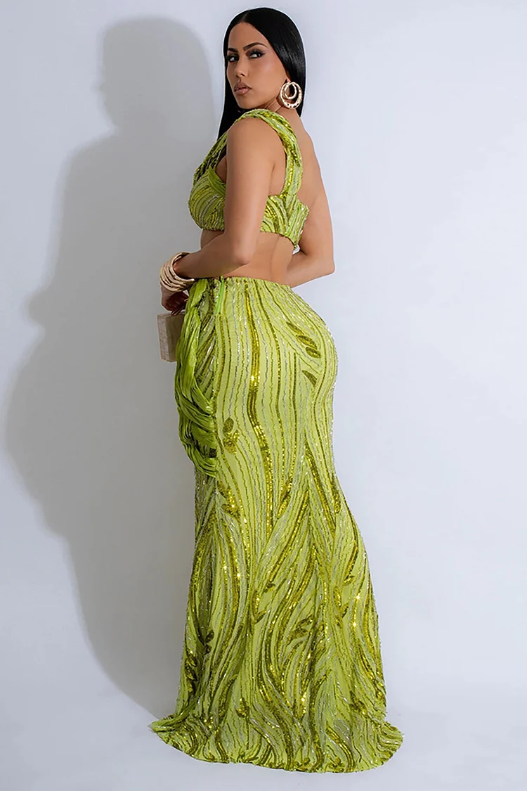 Sequin One Shoulder Crop Top Braided Design Maxi Skirt 2pcs Set-Green