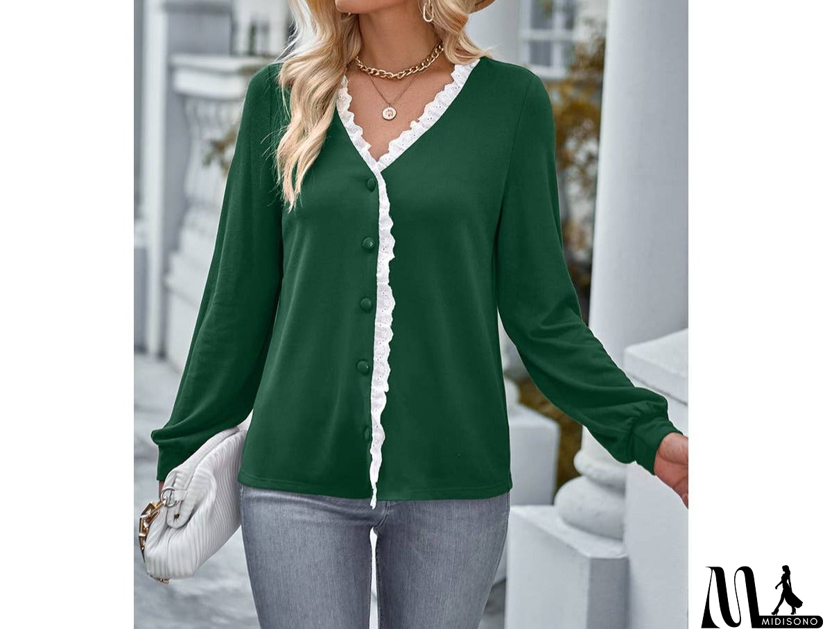 MidiSono - Front Open Button Lace Trim Fit V Neck Top
