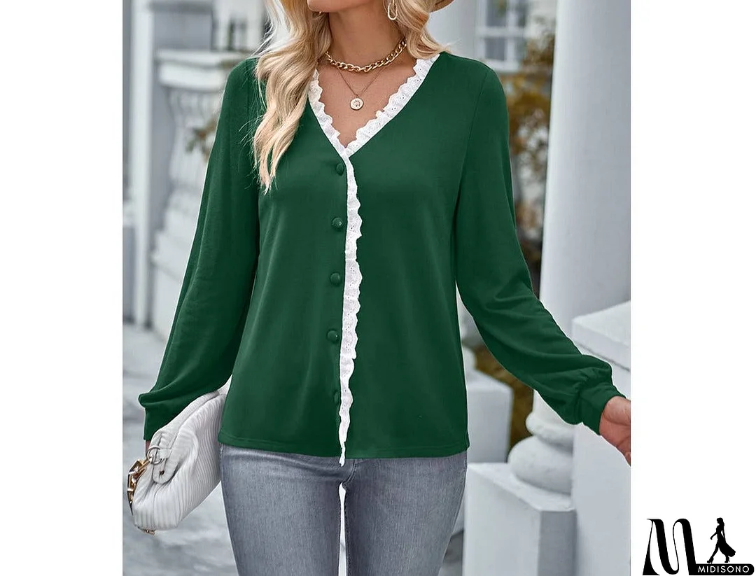 MidiSono - Front Open Button Lace Trim Fit V Neck Top