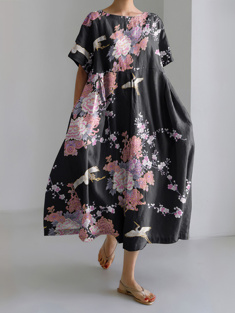 Comstylish Japanese Art Flower Print Short Sleeve Midi Dress