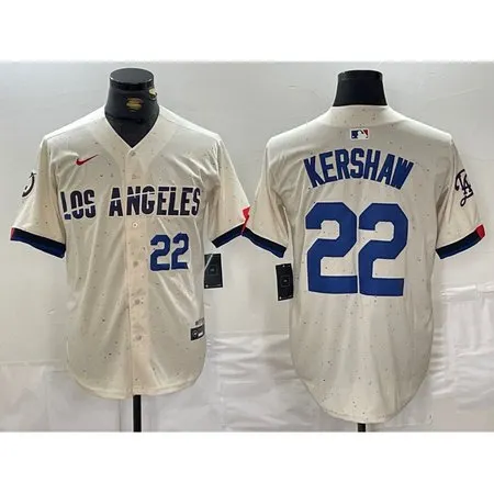 Men's Los Angeles Dodgers #22 Clayton Kershaw Cream Stitched Baseball Jersey Q39P