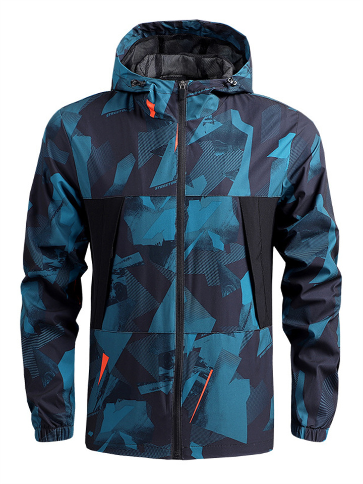 Loose Geometric Pattern Men's Mountaineering Jacket Thin Section Casual Quick Dry Windbreaker Outdoor Sports Hooded Jacket