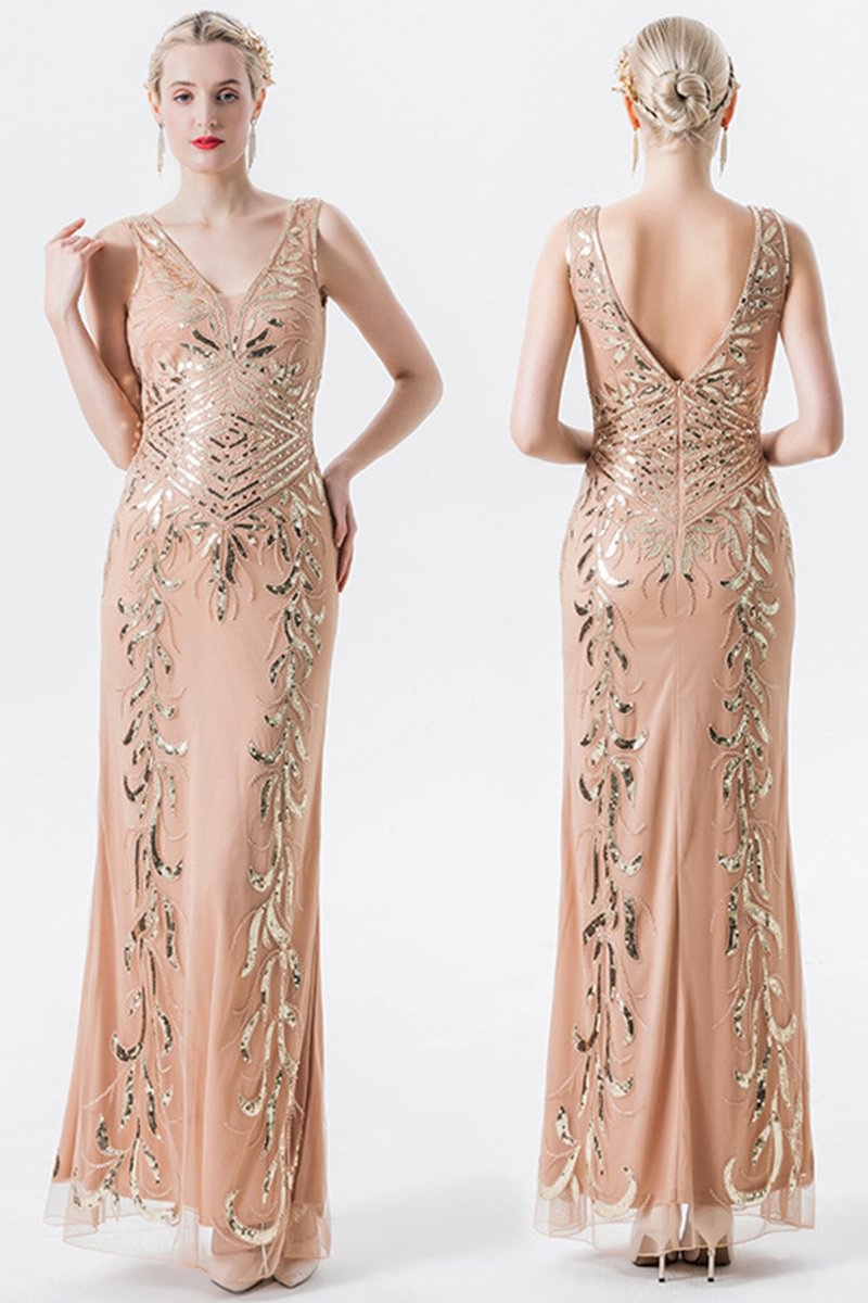 1920s Apricot Elegant Sequin Embroidery Deep V Neck Slim Maxi Dress