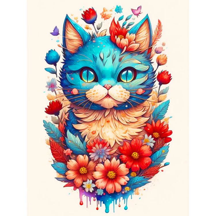Flowers And The Silent Blue Cat 30*40CM(Canvas) Full Round Drill Diamond Painting gbfke