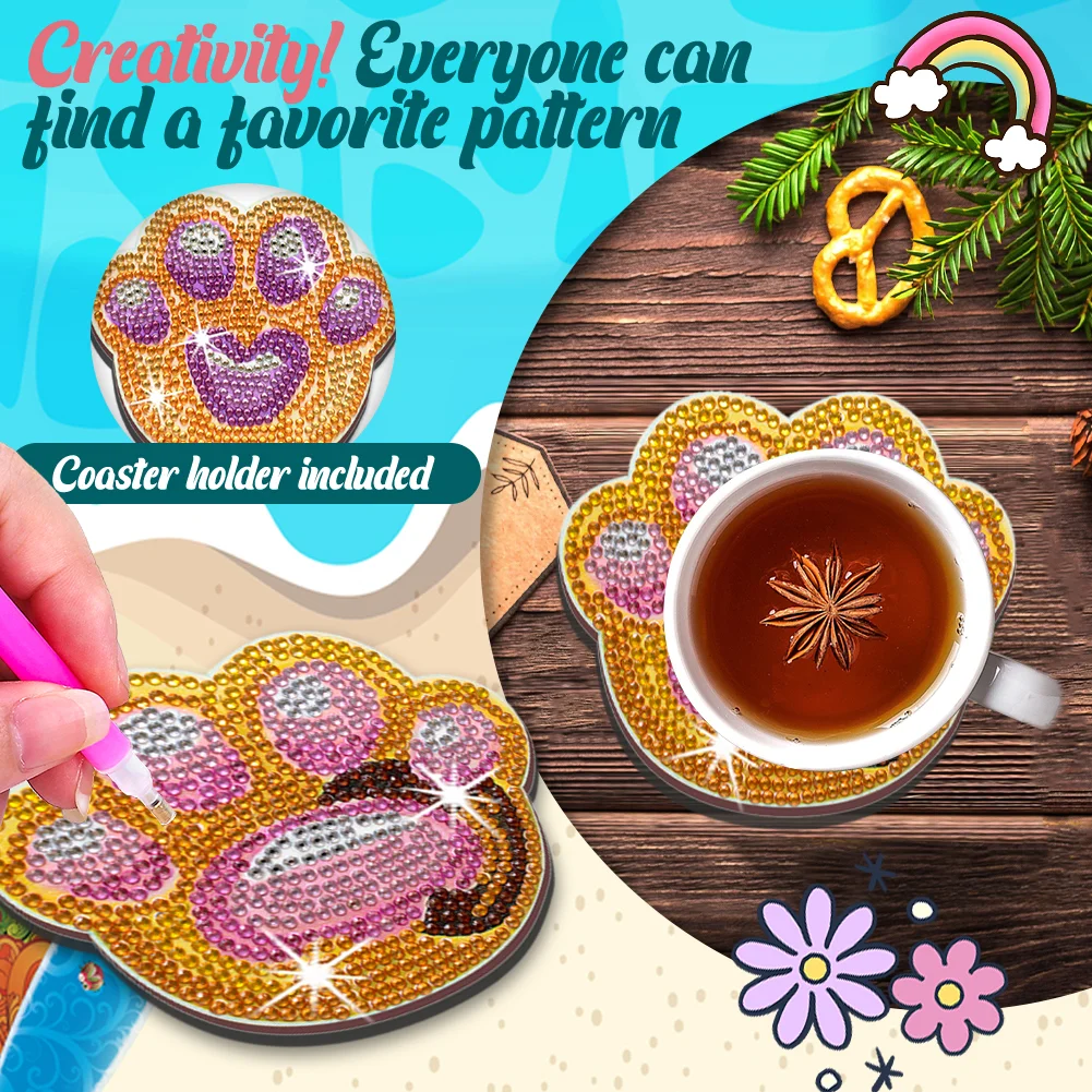 6pcs Dog Paw DIY Crystal Drink Coasters Ornament Cup Coasters for Adults Kids