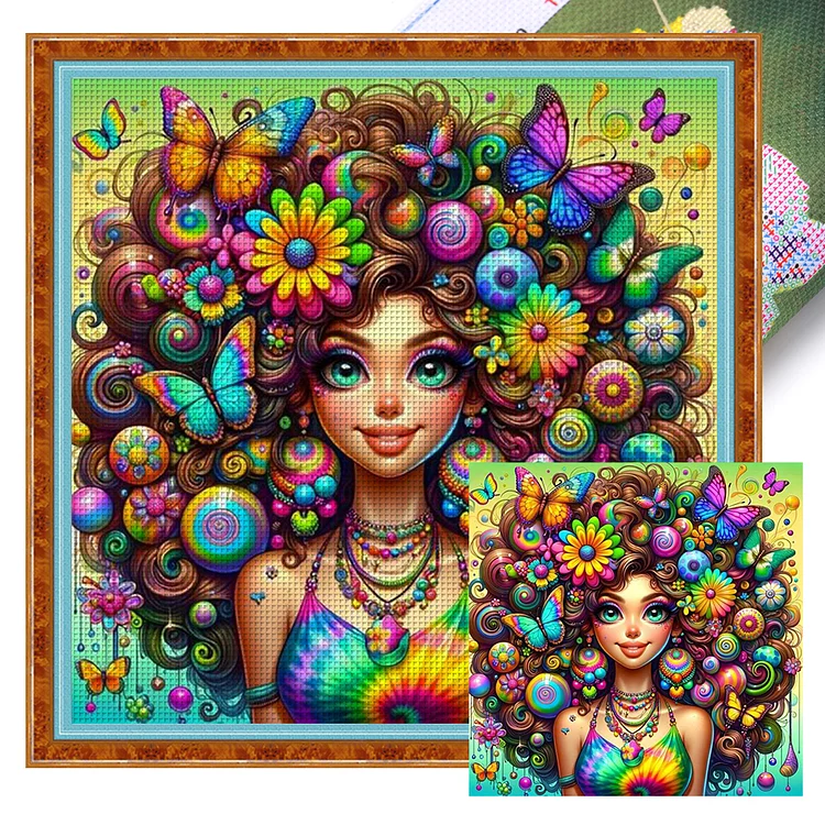 【Huacan Brand】Colorful Curly Hair Girl 18CT Stamped Cross Stitch 40*40CM