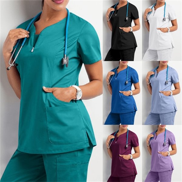 Nurse Uniform for Men Women Nursing Short Sleeve V-neck Blouse Scrubs Tops with Pocket Working Protective Clothes - BlackFridayBuys