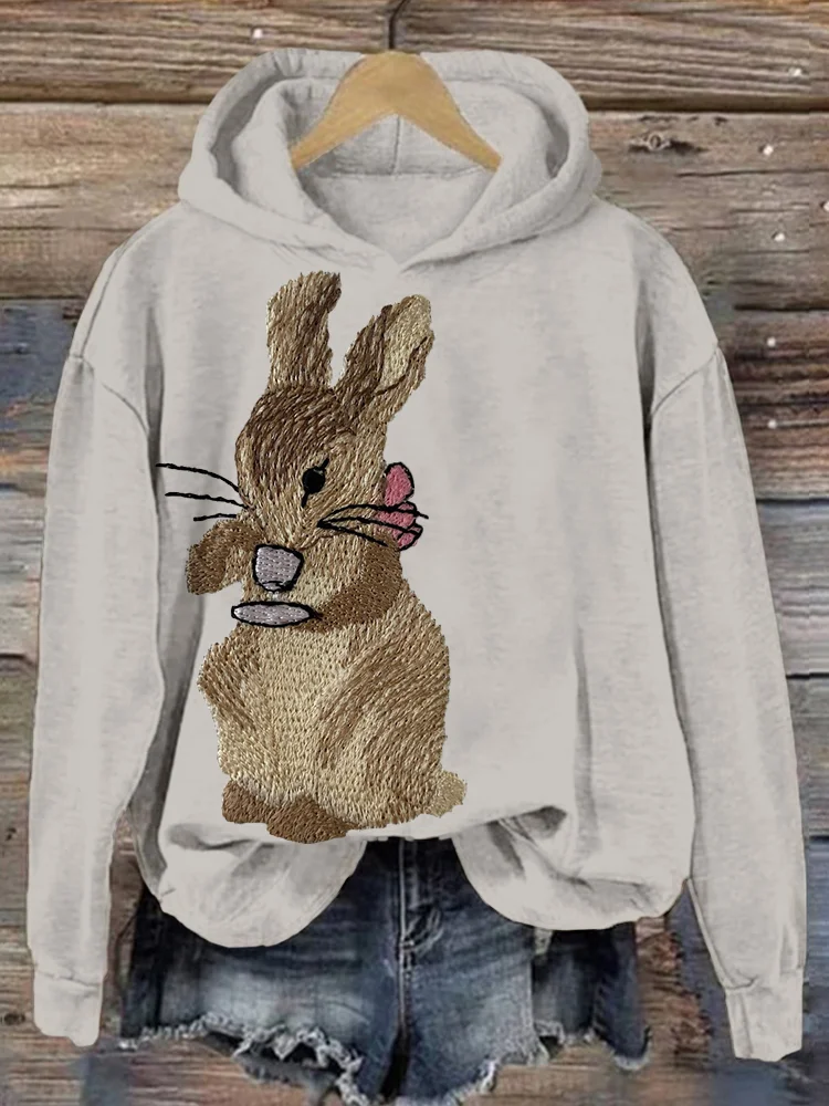 VChics Cute Bunny with Tea Embroidery Art Comfy Hoodie