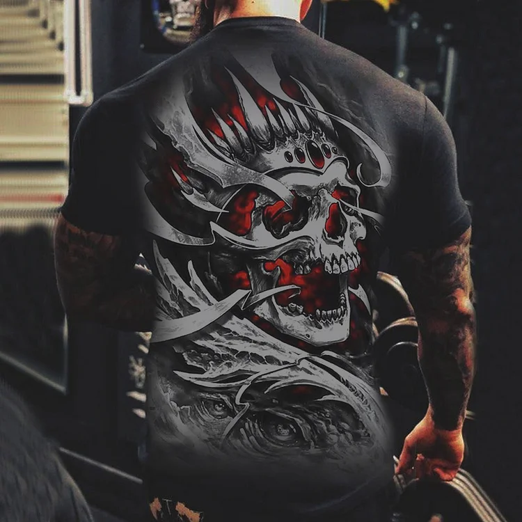Mens Fashion Sleeve Cool Skull Print Short Pullover