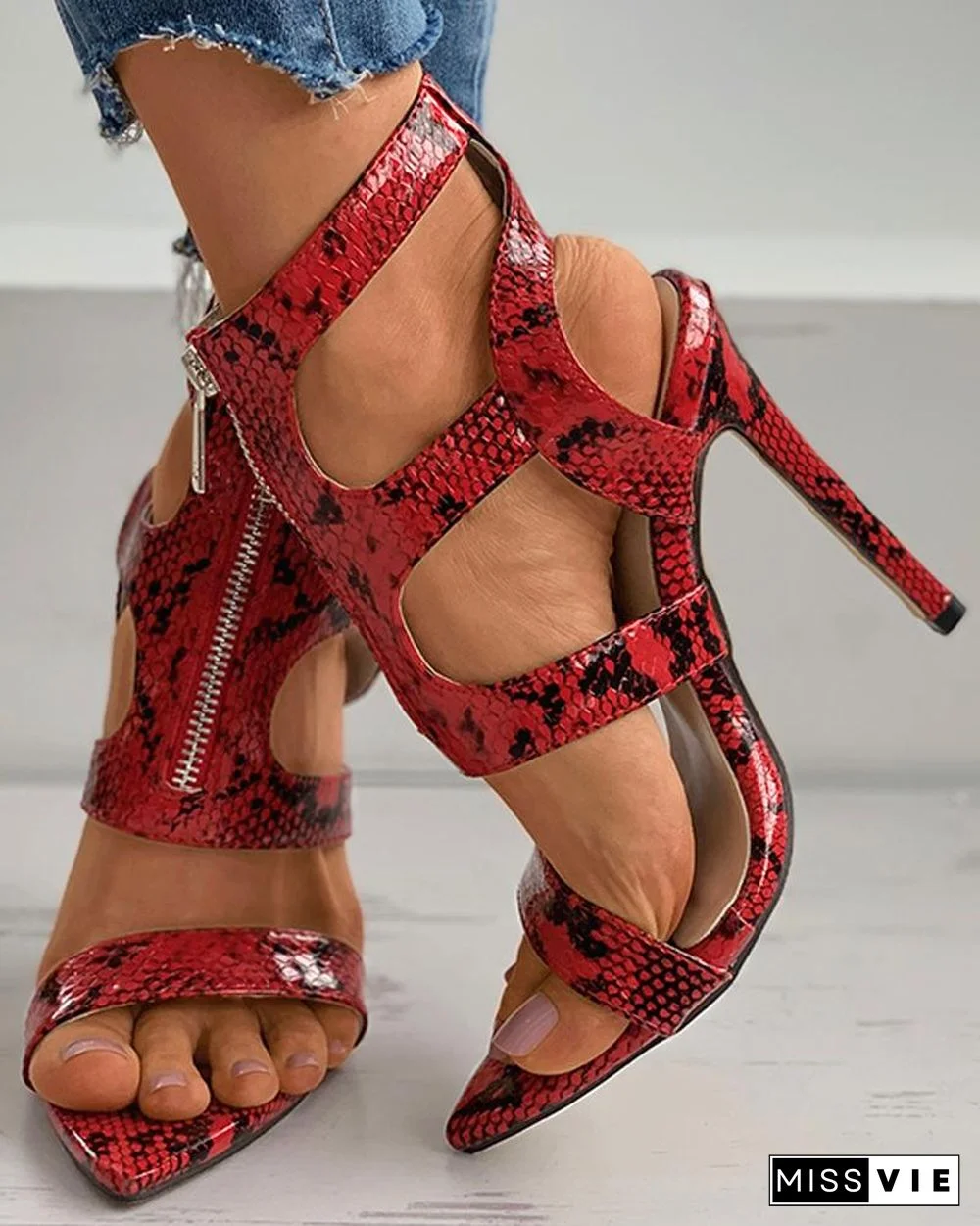 Zipper Design Cutout Stiletto Heel