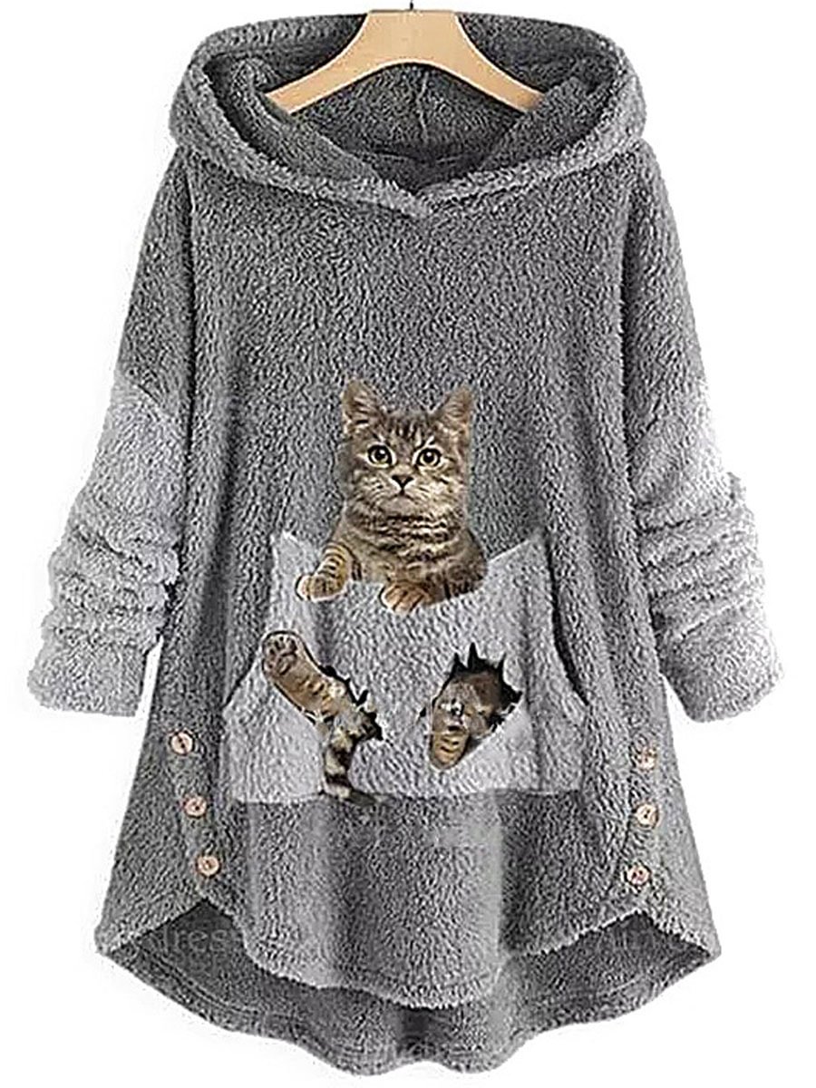 Casual Oversized Cat Print Hooded Sherpa Hoodies