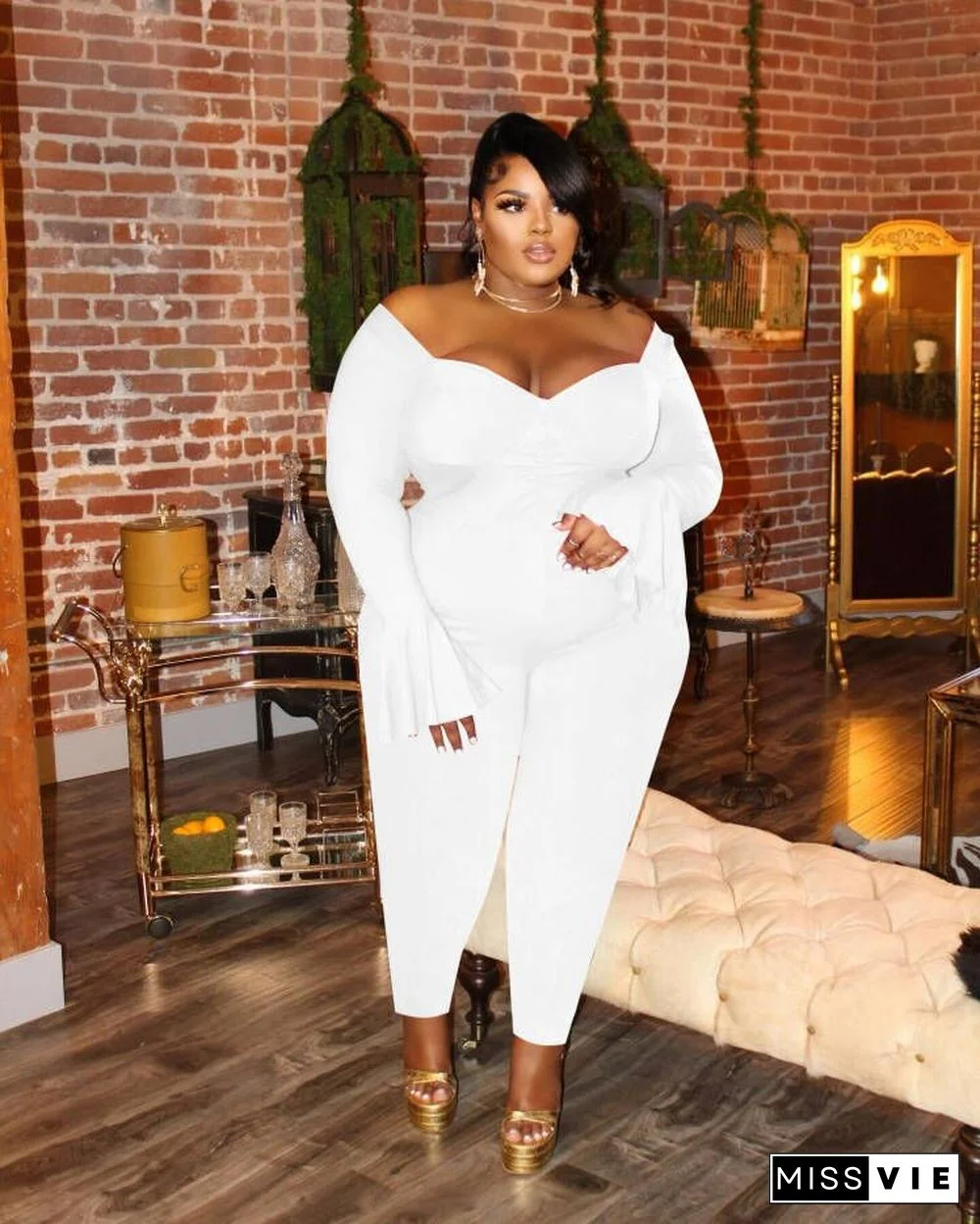 Off Shoulder Long Flared Sleeve Plus Size Jumpsuits