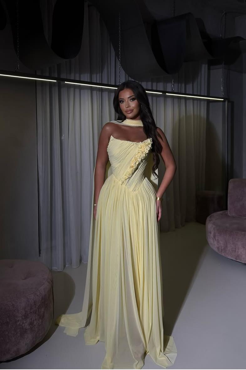 Chiffon Strapless Sleeveless Long Pleated A-Line Prom Dress With Flowers And Ruffles | YQ0072 Wellcucu